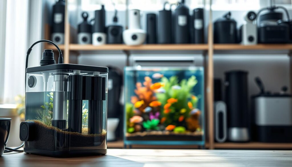 An informative layout showcasing aquarium filtration systems suitable for small tanks. The foreground features a compact internal filter with visible cartridges and air pump, elegantly positioned beside a small, well-planted aquarium. The middle ground displays the aquarium filled with vibrant fish, demonstrating the filtration system's efficiency. In the background, softly blurred shelves lined with various external filters highlight the contrast. Natural light filters through the scene, creating a serene and educational atmosphere. The angle captures the setup slightly from above, emphasizing the details of both internal and external filtration options. The overall mood is tranquil and engaging, inviting viewers to understand the essentials of filtration in small tanks.