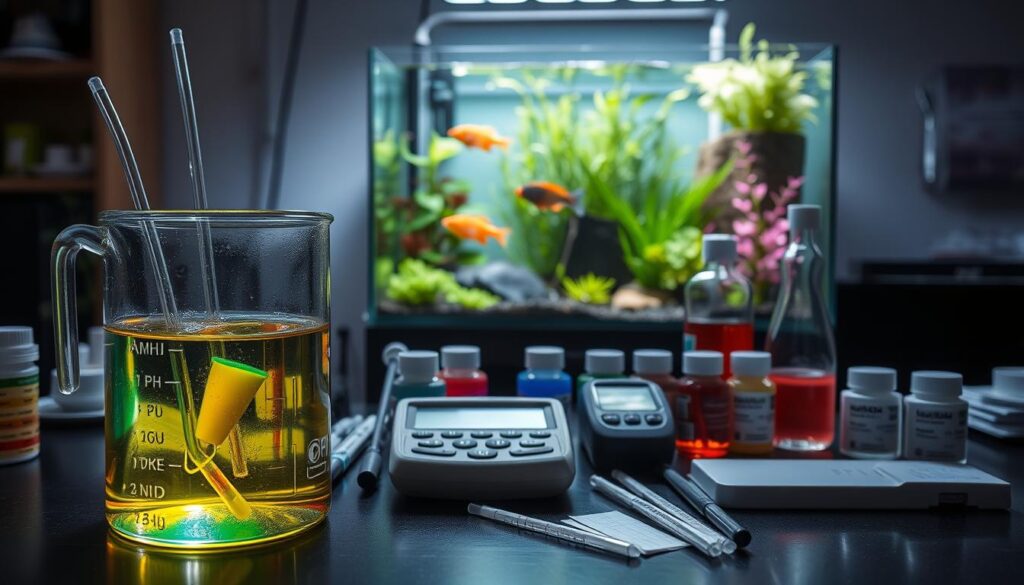 An intricate aquarium water chemistry scene, focusing on the scientific aspects of maintaining a balanced aquatic environment. In the foreground, a glass beaker with vibrant, colorful water samples labeled with pH, ammonia, nitrite, and nitrate indicators, surrounded by probes and testing strips. In the middle ground, a neatly organized table with a pH meter, a refractometer, and various chemicals utilized for water treatment, all illuminated by soft, artificial lights to create a laboratory atmosphere. The background features a well-maintained nano aquarium, showcasing lush aquatic plants and healthy fish, subtly lit to emphasize the clarity of the water. The overall mood is educational and scientific, with a sense of tranquility and focus on water quality management.