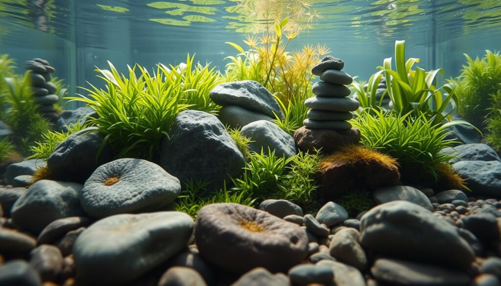 An intricately detailed iwagumi aquascape, showcasing the harmonious balance of stones, plants, and water. In the foreground, three carefully placed focal stones—one large, one medium, and one smaller—exemplify the principles of balance and proportion. The middle ground features lush green plants like Hemianthus callitrichoides and Eleocharis acicularis, creating a soft contrast against the rugged stones. In the background, the water glistens with gentle ripples reflecting the vibrant colors of aquatic plants. Soft, natural lighting filters through, casting delicate shadows and enhancing the tranquil atmosphere. The scene is captured from a low angle, inviting the viewer into the serene underwater world, evoking a sense of calm and contemplation.