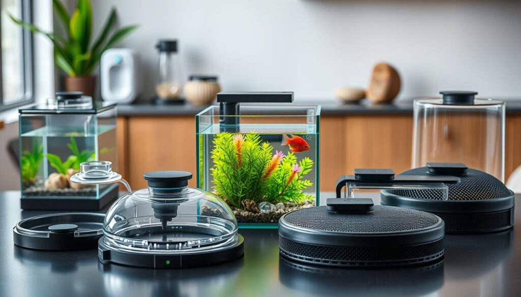 Create a detailed and visually appealing image showcasing various nano tank lid options arranged artistically on a sleek tabletop. In the foreground, display a selection of lids made from glass, acrylic, and mesh, highlighting unique features such as locking mechanisms and ventilation systems. The middle section should feature a well-maintained nano tank, demonstrating how these lids fit seamlessly, with aquatic plants and colorful fish visible inside. In the background, softly blurred, include elements of a modern aquarium setup, like filtration equipment and decorative stones, to set the aquatic theme. Use natural lighting to enhance the clarity of the materials, and employ a shallow depth of field to draw attention to the different lid textures and designs. The mood should be calm and informative, promoting a sense of innovation in aquarium care.