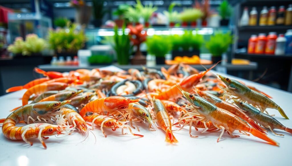 Freshwater shrimp displayed on a clean, white market counter, showcasing various healthy species like Neocaridina and Caridina. In the foreground, focus on several vibrant, live shrimp with distinct colors, such as bright orange and deep green, emphasizing their clear exoskeletons and active movement. In the middle ground, an assortment of shrimp in different sizes, highlighting their healthy appearance and well-defined limbs. The background features blurred market shelves filled with aquatic plants and care supplies to set the context of a fresh seafood market. Soft, natural lighting enhances the freshness of the shrimp, creating a vibrant and inviting atmosphere. Capture the scene from a slightly elevated angle to showcase both the shrimp details and the surrounding environment.