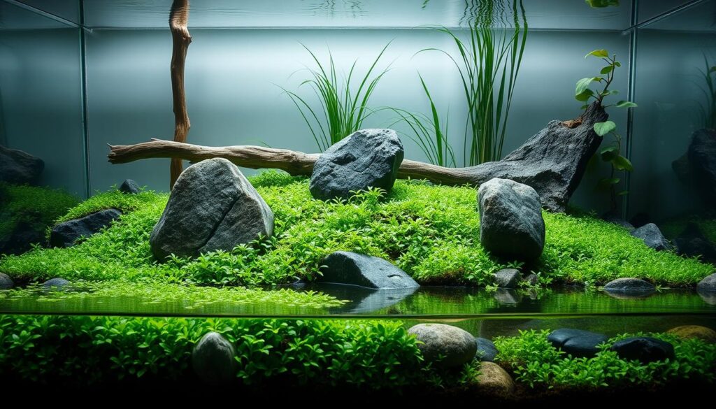 Iwagumi style aquascape featuring a beautifully arranged layout with three focal stones in varying sizes, positioned using the rule of thirds. The foreground presents small, vibrant green aquatic plants like Hemianthus callitrichoides, creating a lush carpet. In the middle ground, the landscape is complemented by carefully selected driftwood and textured stones, enhancing the natural feel. The background features taller plants, adding depth without overcrowding the scene. Soft, diffused natural light filters through the water, creating gentle highlights and shadows, while reflections add a serene ambiance. The angle captures the scene slightly above the waterline, emphasizing the balance and tranquility typical of minimalist designs, evoking a sense of calmness and harmony in this aquatic sanctuary.