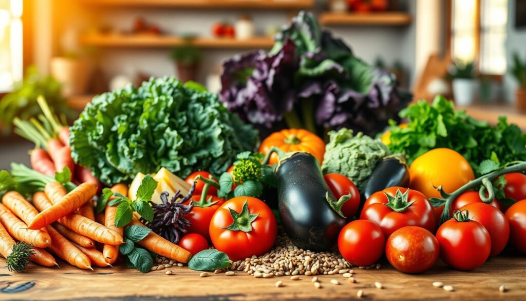 Lush and vibrant depiction of a color-enhancing diet, featuring a variety of natural foods. In the foreground, a beautifully arranged assortment of colorful fruits and vegetables—bright orange carrots, deep green leafy kale, vivid purple eggplants, and luscious red tomatoes—should be artfully displayed on a rustic wooden table. In the middle ground, a soft-focus mosaic of herbs like basil and mint intermingles with grains such as quinoa and brown rice, showcasing the variety of nutrients. In the background, a soft, sunlit kitchen setting is revealed, with warm natural light streaming through a window, creating an inviting atmosphere. The composition should evoke a sense of freshness and vitality, highlighting the connection between nutrition and vibrant colors. The image is captured with a shallow depth of field, focusing on the food while softly blurring the surroundings to emphasize the natural bounty.