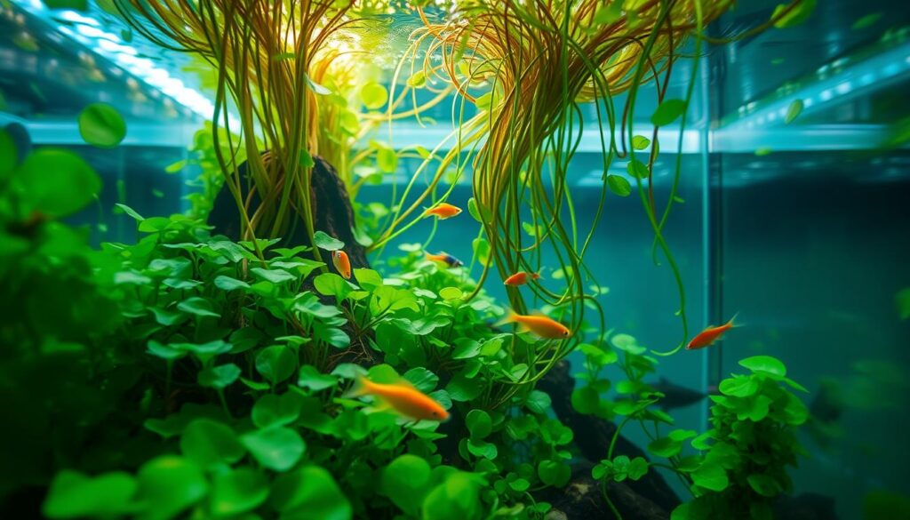 Lush floating plants gracefully cascade on the surface of a small, crystal-clear nano aquarium, showcasing an array of vibrant greens, delicate fronds, and textured leaves. The foreground features close-up details of water lettuce and duckweed, creating a sense of depth and life. In the middle ground, several small, colorful fish swim among the plants, adding movement to the tranquil scene. The background gently fades into subtle water reflections and soft, natural light streaming from above, enhancing the serene atmosphere. The image captures the calming essence of an aquascape, emphasizing the harmony between floating plants and aquatic life in a bustling, yet peaceful environment, all shot from a slight overhead angle to highlight the tank's beauty.