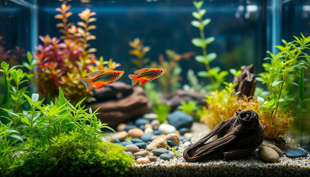 A beautifully arranged aquatic scene featuring a vibrant nano rasbora in a lush, planted 10-gallon tank. In the foreground, show the delicate, colorful nano rasboras swimming gracefully among fine-leaved aquatic plants like Java moss and Anubias. The middle ground includes scattered pebbles and sand, enhancing the natural habitat look, while hints of driftwood provide hiding spots. In the background, soft ambient lighting filters through the water, creating a serene atmosphere with gentle reflections dancing on the tank’s glass. Capture the essence of a thriving underwater ecosystem, emphasizing tranquility and the small size of these fish in their ideal environment, shot from a slightly elevated angle to highlight both the fish and the lush habitat.