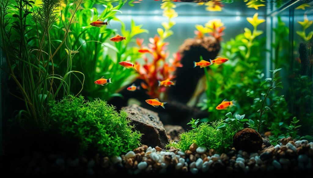 A beautifully arranged nano aquarium, featuring a variety of tiny, vibrant nano fish gracefully swimming among lush aquatic plants. In the foreground, delicate tendrils of moss and tiny pebbles create a natural look. The middle ground showcases colorful, small fish such as neon tetras and micro rasboras darting playfully through the foliage. The background consists of a clear, softly lit water surface reflecting subtle sunlight filtering through a window, enhancing the serene atmosphere. The composition is captured from a slightly elevated angle, emphasizing the intricate details of the plants and fish. The lighting is warm and inviting, casting gentle shadows that add depth, evoking a peaceful underwater environment for the fish. The overall mood is tranquil and harmonious, embodying the essence of a healthy nano aquarium. A beautifully arranged nano aquarium, featuring a variety of tiny, vibrant nano fish gracefully swimming among lush aquatic plants. In the foreground, delicate tendrils of moss and tiny pebbles create a natural look. The middle ground showcases colorful, small fish such as neon tetras and micro rasboras darting playfully through the foliage. The background consists of a clear, softly lit water surface reflecting subtle sunlight filtering through a window, enhancing the serene atmosphere. The composition is captured from a slightly elevated angle, emphasizing the intricate details of the plants and fish. The lighting is warm and inviting, casting gentle shadows that add depth, evoking a peaceful underwater environment for the fish. The overall mood is tranquil and harmonious, embodying the essence of a healthy nano aquarium.