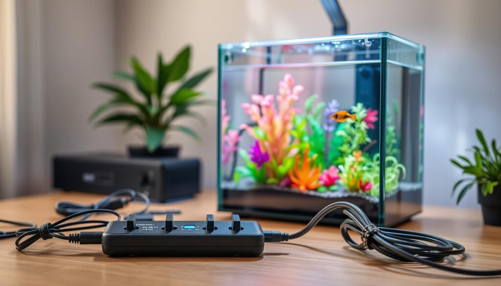 A beautifully arranged nano tank setup on a modern desk, featuring a small glass aquarium filled with vibrant aquatic plants and a few colorful fish swimming gracefully. In the foreground, a sleek power strip is neatly organized, with cables cleverly managed and secured to minimize risks near water sources. The background shows soft, natural lighting filtering through a nearby window, creating a serene atmosphere. The tank's LED lights gently illuminate the colorful ecosystem within, casting delicate reflections on the glass. The scene is captured from a slightly elevated angle, emphasizing the harmony between technology and nature. The overall mood conveys tranquility and showcases careful management of cables in a safe, aquatic environment, ideal for beginners in nano tank care.