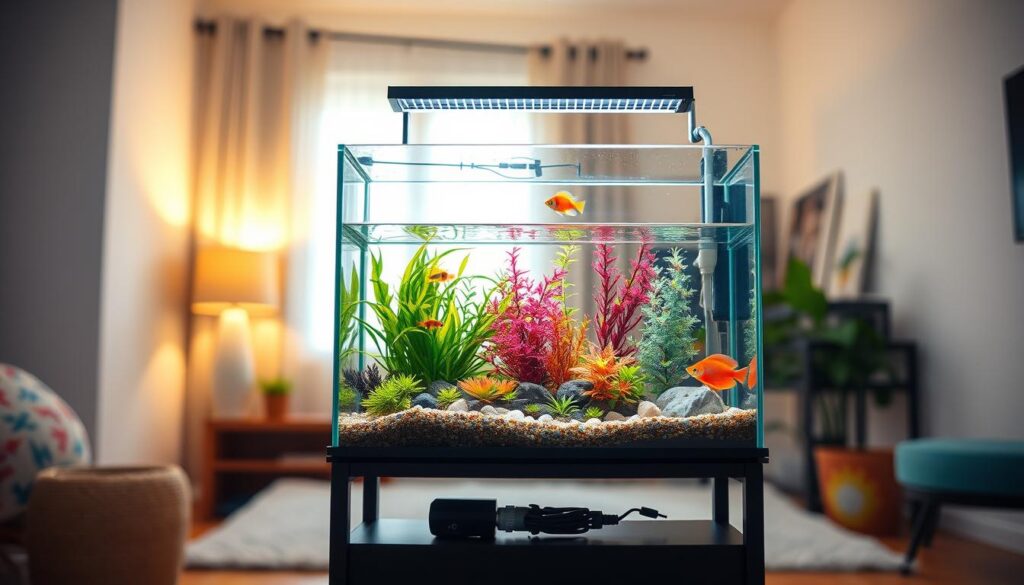 A beautifully arranged small tank setup positioned prominently in the foreground, showcasing a 5-gallon nano aquarium filled with vibrant aquatic plants and small colorful fish. The middle ground features a sleek black stand with essential equipment like a filtration system and heater subtly included. The background presents a softly lit cozy room, emphasizing a calm atmosphere with warm tones to enhance the sense of tranquility. The lighting is bright yet gentle, creating soft reflections on the glass of the tank. The camera angle is slightly elevated, capturing the tank's intricate details from a top-down perspective. The overall mood is inviting and inspiring, perfect for anyone considering starting their own nano tank journey, with a focus on clarity and simplicity in setup. A beautifully arranged small tank setup positioned prominently in the foreground, showcasing a 5-gallon nano aquarium filled with vibrant aquatic plants and small colorful fish. The middle ground features a sleek black stand with essential equipment like a filtration system and heater subtly included. The background presents a softly lit cozy room, emphasizing a calm atmosphere with warm tones to enhance the sense of tranquility. The lighting is bright yet gentle, creating soft reflections on the glass of the tank. The camera angle is slightly elevated, capturing the tank's intricate details from a top-down perspective. The overall mood is inviting and inspiring, perfect for anyone considering starting their own nano tank journey, with a focus on clarity and simplicity in setup.
