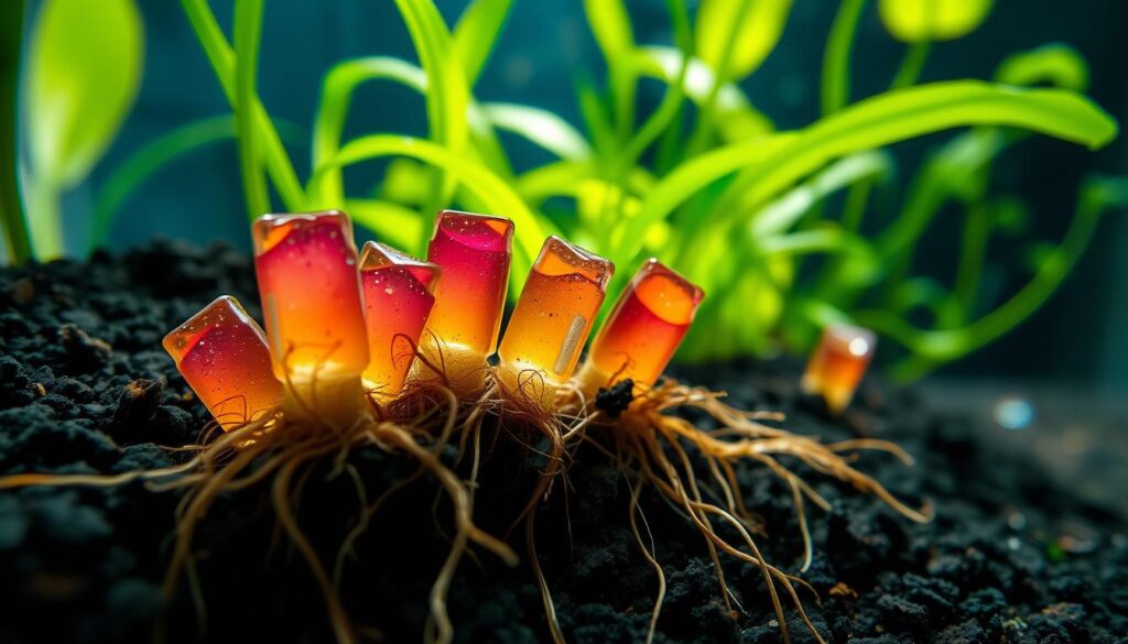 A close-up of several vibrant root tabs nestled into rich, dark aquarium substrate, with roots extending from the tabs into the surrounding soil. The foreground captures the texture of the roots and substrate, while the middle ground features lush, green aquatic plants thriving around the tabs, their leaves gently swaying in the water. The background displays soft, diffused lighting filtering through the water, creating a serene and tranquil environment. The entire scene is set underwater, emphasizing the nurturing essence of the root tabs. The colors are vibrant yet soft, evoking a sense of growth and vitality, as if showcasing the essential role root tabs play in sustaining plant health over time. Aim for a macro lens perspective to highlight the intricate details. A close-up of several vibrant root tabs nestled into rich, dark aquarium substrate, with roots extending from the tabs into the surrounding soil. The foreground captures the texture of the roots and substrate, while the middle ground features lush, green aquatic plants thriving around the tabs, their leaves gently swaying in the water. The background displays soft, diffused lighting filtering through the water, creating a serene and tranquil environment. The entire scene is set underwater, emphasizing the nurturing essence of the root tabs. The colors are vibrant yet soft, evoking a sense of growth and vitality, as if showcasing the essential role root tabs play in sustaining plant health over time. Aim for a macro lens perspective to highlight the intricate details.