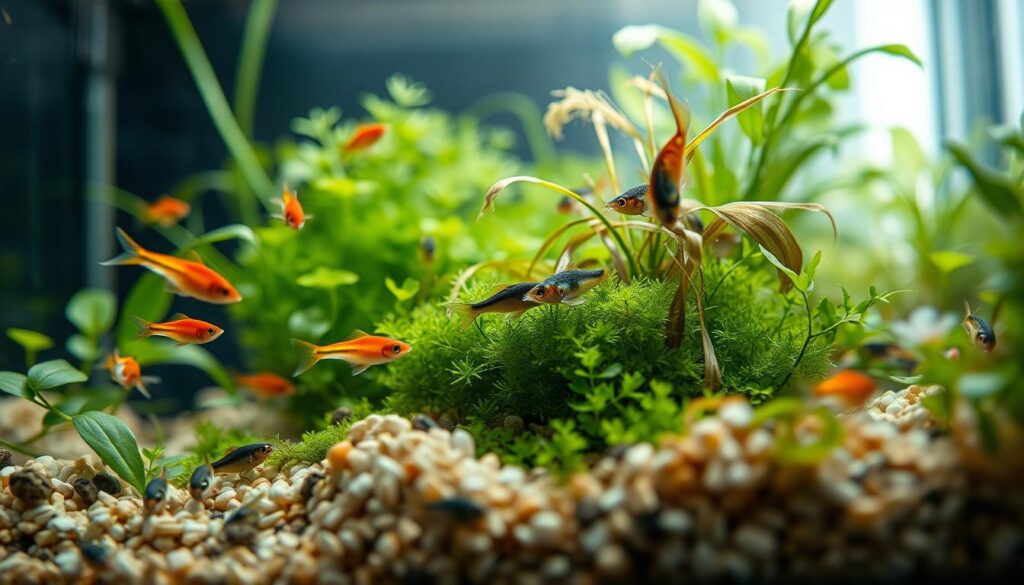 A close-up scene showcasing the delicate breeding process of nano rasboras in a well-maintained 10-gallon aquarium. In the foreground, several tiny, colorful nano rasboras gracefully swim amidst lush aquatic plants and fine-gravel substrate. The middle-ground features spawning behavior, with a pair of rasboras entangled among green moss and floating plants, capturing the essence of their natural breeding ritual. The background displays soft, filtered light streaming through the water, creating a serene and inviting atmosphere. Use a macro lens effect to highlight the vibrant colors and intricate details of the fish and plants, emphasizing the tranquility of this underwater setting. The mood should evoke a sense of calm and harmony in a thriving micro-ecosystem.