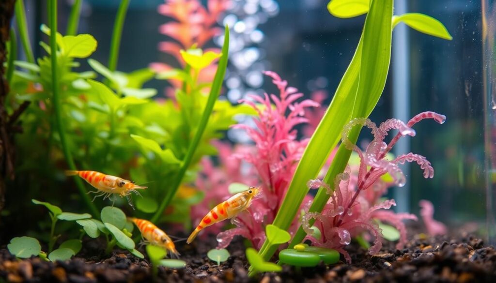 A close-up view of a healthy shrimp tank with signs of aquarium pests, specifically planaria and hydra. In the foreground, sharp focus on the shrimps navigating through lush aquatic plants, while a few small planaria worms cling to the glass and substrate. In the middle ground, the vibrant colors of the aquatic plants contrast with the subtle, translucent forms of hydra visible on the leaves. The background features a gentle blur of the tank’s filtration system and soft bubbles rising, creating a peaceful atmosphere. Soft, natural lighting filters through the tank, highlighting the details of the pest signs. The overall mood is calm but alert, emphasizing the need for observation and maintenance in aquatic habitats.
