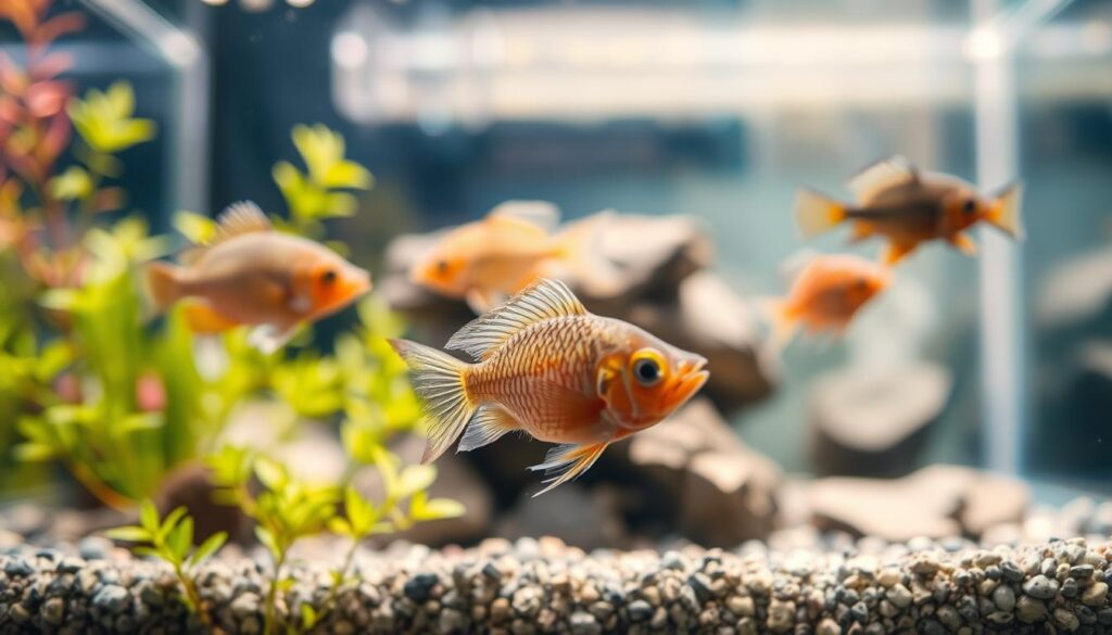 A close-up view of a nano aquarium featuring several small tropical fish showing symptoms of illness, such as faded colors and frayed fins. In the foreground, focus on a sick fish, with a slightly blurred effect to emphasize distress. The middle ground includes a vibrant aquatic environment with plants and rocks, while the background shows the tank's water features softly illuminated by natural lighting, creating a serene atmosphere. The lighting should be warm and inviting, highlighting the fish's details while casting gentle shadows. The overall mood conveys concern and a sense of urgency, reflecting the importance of identifying nano fish ailments.