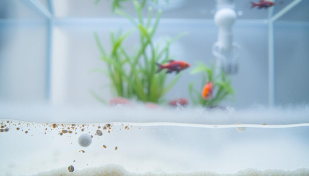 A close-up view of a nano aquarium, showcasing common causes of cloudiness. In the foreground, include small particles and debris floating in the water, along with a layer of sediment accumulating at the bottom. In the middle ground, show healthy aquatic plants and a few colorful fish, appearing slightly obscured by turbidity. In the background, depict the aquarium's glass walls revealing a slight foggy effect, with soft diffused lighting casting a serene atmosphere. The overall mood is educational yet inviting, emphasizing the importance of clarity in tank maintenance. The image should have a crisp focus on the water's surface, with a shallow depth of field to highlight the details of the cloudiness. Ensure no human subjects are present. A close-up view of a nano aquarium, showcasing common causes of cloudiness. In the foreground, include small particles and debris floating in the water, along with a layer of sediment accumulating at the bottom. In the middle ground, show healthy aquatic plants and a few colorful fish, appearing slightly obscured by turbidity. In the background, depict the aquarium's glass walls revealing a slight foggy effect, with soft diffused lighting casting a serene atmosphere. The overall mood is educational yet inviting, emphasizing the importance of clarity in tank maintenance. The image should have a crisp focus on the water's surface, with a shallow depth of field to highlight the details of the cloudiness. Ensure no human subjects are present.