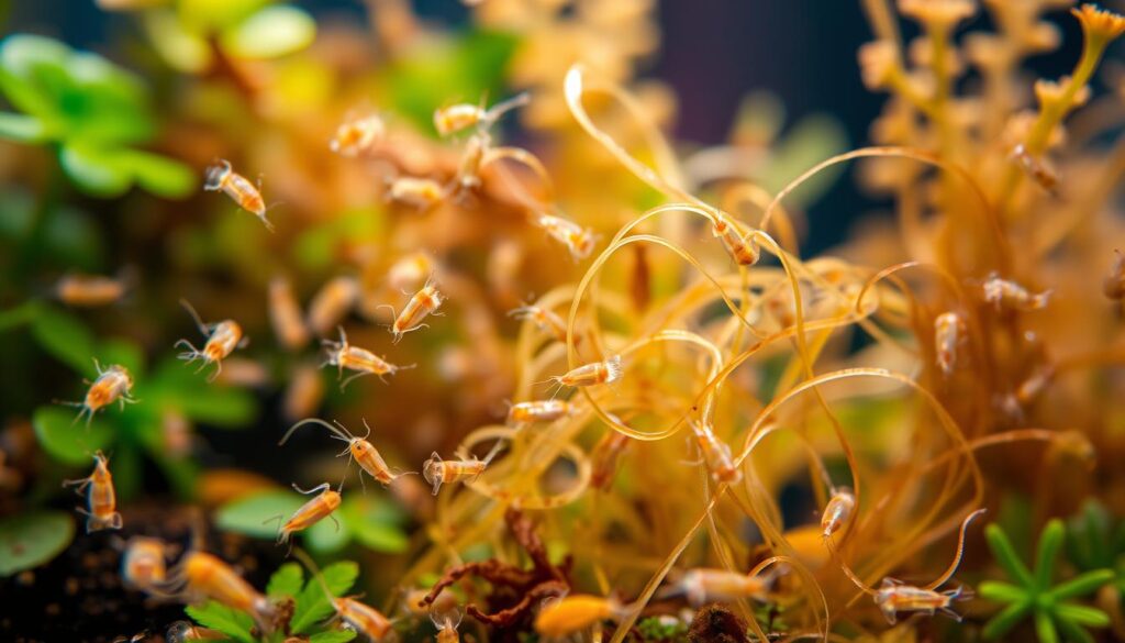 A close-up view of a vibrant nano tank ecosystem teeming with microfauna, prominently featuring detailed copepods and detritus worms in a lush aquatic environment. In the foreground, the tiny, translucent bodies of copepods swim gracefully, showcasing their intricate appendages and vibrant colors under soft, natural lighting. The middle ground reveals delicate strands of detritus worms, intertwined with organic debris, contributing to the ecosystem's richness. In the background, blurred aquatic plants enhance the depth of the scene, creating a sense of immersion. The composition is captured with a macro lens from a slight overhead angle, evoking a sense of wonder and discovery. The atmosphere is serene and lively, reflecting the hidden beauty of this miniature ecosystem. A close-up view of a vibrant nano tank ecosystem teeming with microfauna, prominently featuring detailed copepods and detritus worms in a lush aquatic environment. In the foreground, the tiny, translucent bodies of copepods swim gracefully, showcasing their intricate appendages and vibrant colors under soft, natural lighting. The middle ground reveals delicate strands of detritus worms, intertwined with organic debris, contributing to the ecosystem's richness. In the background, blurred aquatic plants enhance the depth of the scene, creating a sense of immersion. The composition is captured with a macro lens from a slight overhead angle, evoking a sense of wonder and discovery. The atmosphere is serene and lively, reflecting the hidden beauty of this miniature ecosystem.
