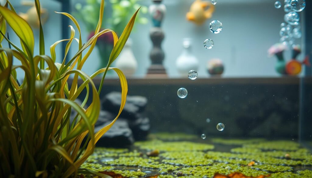 A close-up view of an aquarium tank with distinct signs of low water circulation. In the foreground, unhealthy, wilting aquatic plants with yellowing leaves are slumped over, showcasing poor growth. The middle ground features visibly stagnant patches of algae and sediment collecting on the substrate, while air bubbles remain trapped near the surface, indicating insufficient water movement. A backdrop of blurred tank decorations adds depth to the scene, creating a sense of unease. Soft, natural light filters through the water, casting delicate shadows and illuminating the tank imperfections. The image captures a calm yet concerning atmosphere, emphasizing the vital need for improved circulation in aquatic environments. Capture this scene with a macro lens from a slightly elevated angle to focus on the details of neglect and despair. A close-up view of an aquarium tank with distinct signs of low water circulation. In the foreground, unhealthy, wilting aquatic plants with yellowing leaves are slumped over, showcasing poor growth. The middle ground features visibly stagnant patches of algae and sediment collecting on the substrate, while air bubbles remain trapped near the surface, indicating insufficient water movement. A backdrop of blurred tank decorations adds depth to the scene, creating a sense of unease. Soft, natural light filters through the water, casting delicate shadows and illuminating the tank imperfections. The image captures a calm yet concerning atmosphere, emphasizing the vital need for improved circulation in aquatic environments. Capture this scene with a macro lens from a slightly elevated angle to focus on the details of neglect and despair.