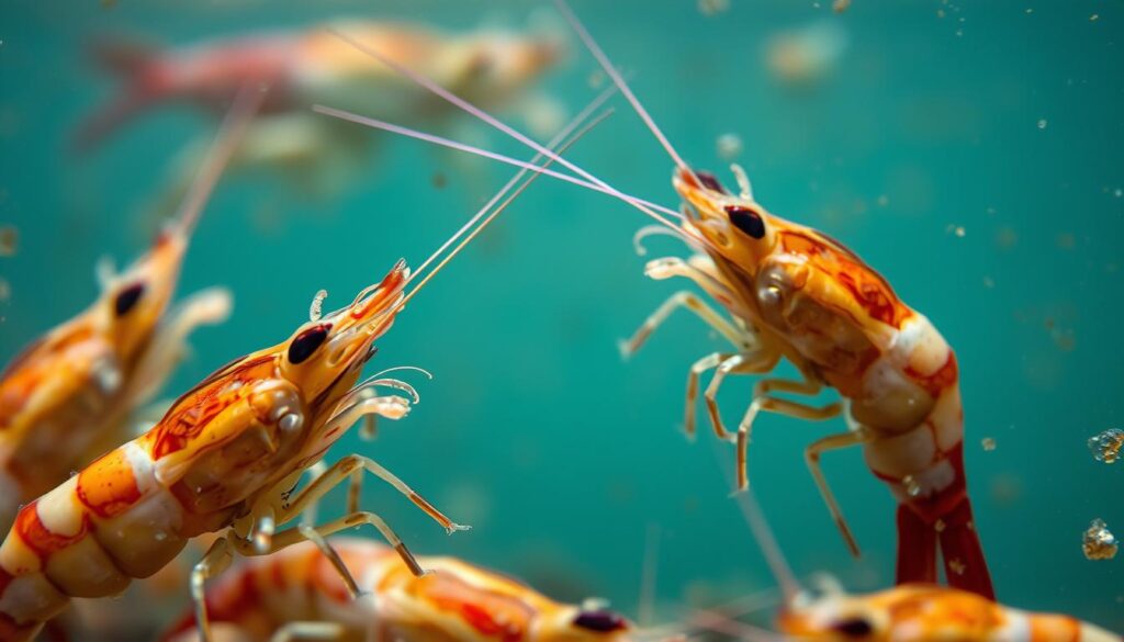 A close-up view of shrimp exhibiting signs of copper toxicity, showcasing their vibrant colors fading to dull shades as a visual cue of distress. In the foreground, focus on the shrimp with their antennae and legs prominently displayed, surrounded by a murky environment that hints at contamination. The middle ground includes a blurred aquamarine background of water with hints of copper particles suspended, shimmering to signify toxicity. Soft, diffused lighting creates a somber atmosphere, casting gentle shadows that enhance the mood of urgency and concern. The image should be sharp and highly detailed to reflect the intricate biology of shrimp affected by copper, illustrating the severity of the threat to invertebrates. A close-up view of shrimp exhibiting signs of copper toxicity, showcasing their vibrant colors fading to dull shades as a visual cue of distress. In the foreground, focus on the shrimp with their antennae and legs prominently displayed, surrounded by a murky environment that hints at contamination. The middle ground includes a blurred aquamarine background of water with hints of copper particles suspended, shimmering to signify toxicity. Soft, diffused lighting creates a somber atmosphere, casting gentle shadows that enhance the mood of urgency and concern. The image should be sharp and highly detailed to reflect the intricate biology of shrimp affected by copper, illustrating the severity of the threat to invertebrates.