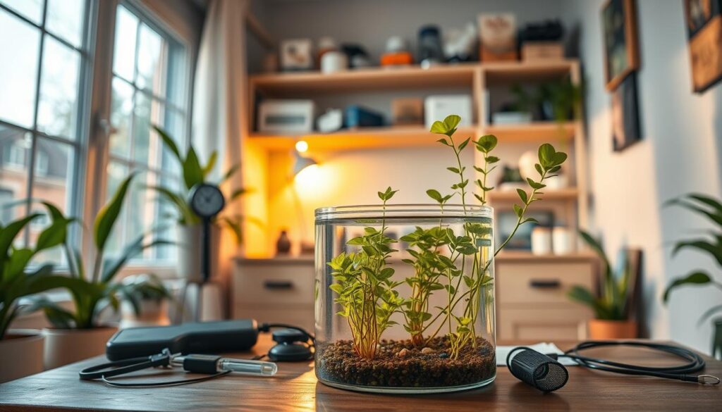 A cozy, brightly lit room featuring a nano tank set up for quarantine. In the foreground, the nano tank is filled with clear water and a few small, healthy aquatic plants, carefully labeled with tags. The middle layer includes a quarantine setup around the tank, displaying tools such as a thermometer, water test kit, and a small net, emphasizing a meticulous quarantine process. The background shows shelves lined with aquarium supplies, all under soft, warm lighting that creates an inviting atmosphere. A large window allows natural light to filter in, enhancing the overall clarity and vibrant colors of the plants. The scene conveys a sense of care and diligence, highlighting the importance of proper quarantine in maintaining a healthy aquatic environment.