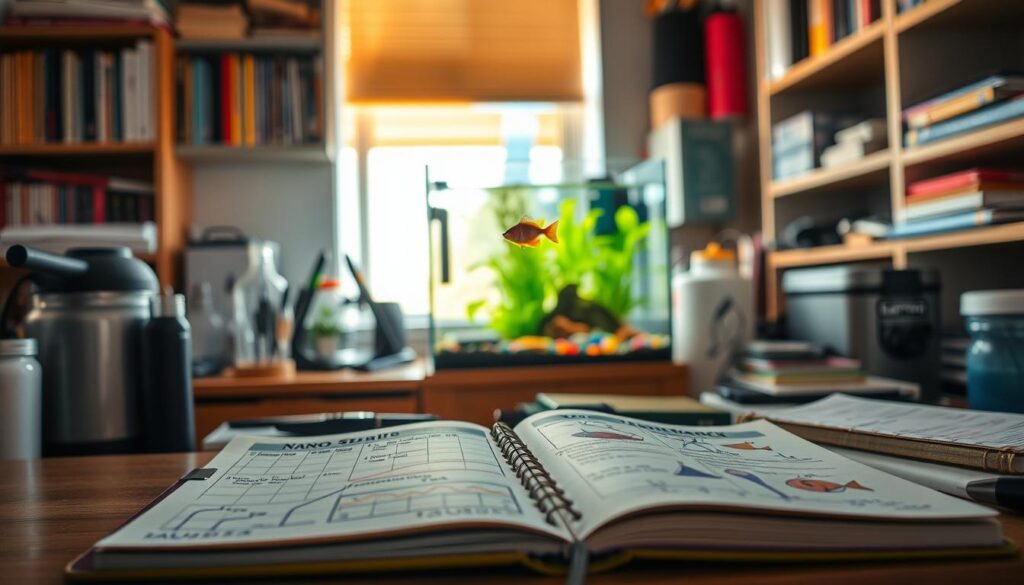 A cozy, well-lit workspace filled with a variety of aquarium supplies. In the foreground, a beautifully designed journal, its pages open, displays neatly organized notes and diagrams about nano tank maintenance, featuring graphs, water parameters, and colorful sketches of fish and plants. In the middle layer, a small, brightly lit nano tank with vibrant aquatic life—tiny fish swimming among lush green plants and colorful pebbles, showcasing a thriving ecosystem. In the background, shelves filled with books and tools for aquarium care, softly blurred to create depth. Natural light filters through a window, casting warm tones across the scene, evoking a productive and serene atmosphere of dedication to aquarium hobbyism. A cozy, well-lit workspace filled with a variety of aquarium supplies. In the foreground, a beautifully designed journal, its pages open, displays neatly organized notes and diagrams about nano tank maintenance, featuring graphs, water parameters, and colorful sketches of fish and plants. In the middle layer, a small, brightly lit nano tank with vibrant aquatic life—tiny fish swimming among lush green plants and colorful pebbles, showcasing a thriving ecosystem. In the background, shelves filled with books and tools for aquarium care, softly blurred to create depth. Natural light filters through a window, casting warm tones across the scene, evoking a productive and serene atmosphere of dedication to aquarium hobbyism.
