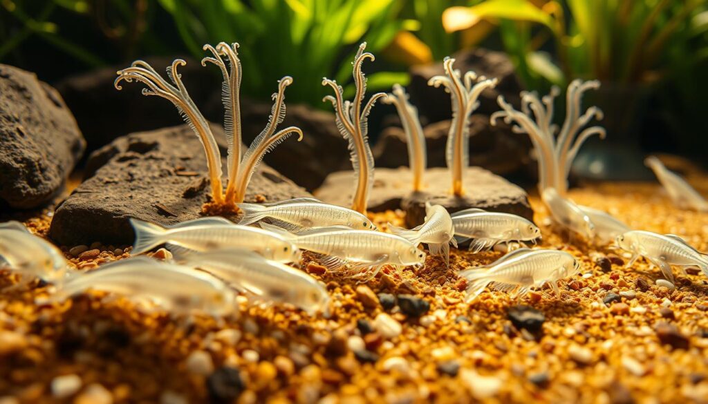 A detailed and intricate depiction of planaria and hydra in a vibrant aquarium setting. In the foreground, several translucent planaria with a pearlescent sheen, displaying their flat bodies and characteristic shapes, are creeping across a richly textured substrate of sand and small pebbles. In the middle ground, delicate hydra rise from the rocks, showcasing their elongated bodies and tentacles extended toward light, capturing the essence of their predatory nature. The background features lush aquatic plants softly illuminated by warm, natural lighting, creating a serene atmosphere. The image is captured from a close-up angle, highlighting the fascinating details of these small organisms. The overall mood is educational and captivating, perfect for enhancing understanding of these freshwater pests.