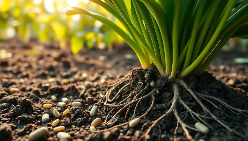 A detailed close-up of healthy, thriving plant roots deeply embedded in rich, dark soil, showcasing vibrant green leaves stretching upwards. In the foreground, tiny fertilizer granules and root tabs are sprinkled around the base of the plant, indicating nourishment options. The middle section features resilient, glossy foliage, highlighting the plant's robust health and growth. In the background, a soft-focus garden scene with sunlight filtering through leaves creates a tranquil atmosphere, enhancing the sense of longevity and sustainability. The lighting is warm and natural, emphasizing the richness of the soil and the vibrancy of the plant. The angle is slightly elevated, providing a clear view of the interactive elements of soil and roots, suggesting a connection to long-term plant health. A detailed close-up of healthy, thriving plant roots deeply embedded in rich, dark soil, showcasing vibrant green leaves stretching upwards. In the foreground, tiny fertilizer granules and root tabs are sprinkled around the base of the plant, indicating nourishment options. The middle section features resilient, glossy foliage, highlighting the plant's robust health and growth. In the background, a soft-focus garden scene with sunlight filtering through leaves creates a tranquil atmosphere, enhancing the sense of longevity and sustainability. The lighting is warm and natural, emphasizing the richness of the soil and the vibrancy of the plant. The angle is slightly elevated, providing a clear view of the interactive elements of soil and roots, suggesting a connection to long-term plant health.
