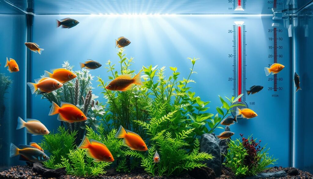 A detailed cross-section of a tranquil aquarium scene, illustrating the impact of water temperature on fish metabolism. In the foreground, vibrant tropical fish, such as neon tetras and guppies, swim gracefully, showcasing varied activity levels, with some darting energetically and others gliding leisurely. The middle ground features an aquatic plant garden, lush and well-lit, emphasizing healthy growth. In the background, a thermometer subtly indicates warmer water temperatures, with sunbeams filtering through the water, creating shimmering patterns. Use soft, natural lighting to enhance the serene atmosphere, with a slightly blurred background for depth. The viewpoint should be from an aquarium's side, providing a clear focus on the fish's behavior relative to their environment. The mood is enlightening and educational, reflecting the relationship between temperature and metabolic activity.