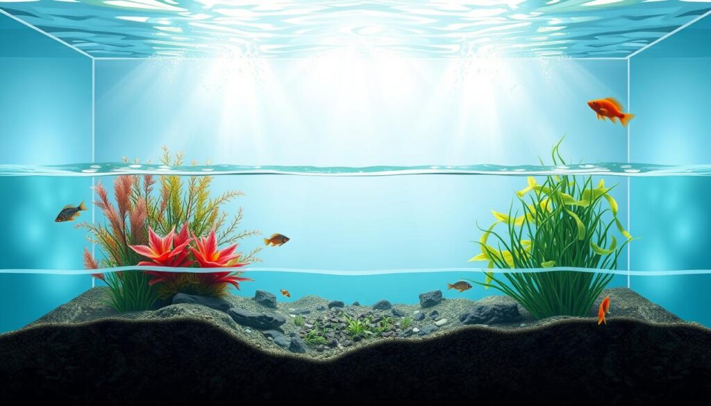 A detailed illustration of an aquarium showcasing a "dead zone in circulation." In the foreground, include a beautifully designed aquarium with vibrant aquatic plants and a few visible fish near strong water flow areas. The middle section should depict a stagnant area with debris settled on the substrate, indicating low circulation, possibly showing algae buildup. The background features soft, diffused lighting to create a serene underwater atmosphere, highlighting the contrast between flowing and still water. Use a slight top-down angle to capture the entire scene's depth, allowing for an educational perspective on water movement dynamics. The overall mood should convey tranquility while emphasizing the importance of circulation in maintaining a healthy aquatic environment. A detailed illustration of an aquarium showcasing a "dead zone in circulation." In the foreground, include a beautifully designed aquarium with vibrant aquatic plants and a few visible fish near strong water flow areas. The middle section should depict a stagnant area with debris settled on the substrate, indicating low circulation, possibly showing algae buildup. The background features soft, diffused lighting to create a serene underwater atmosphere, highlighting the contrast between flowing and still water. Use a slight top-down angle to capture the entire scene's depth, allowing for an educational perspective on water movement dynamics. The overall mood should convey tranquility while emphasizing the importance of circulation in maintaining a healthy aquatic environment.