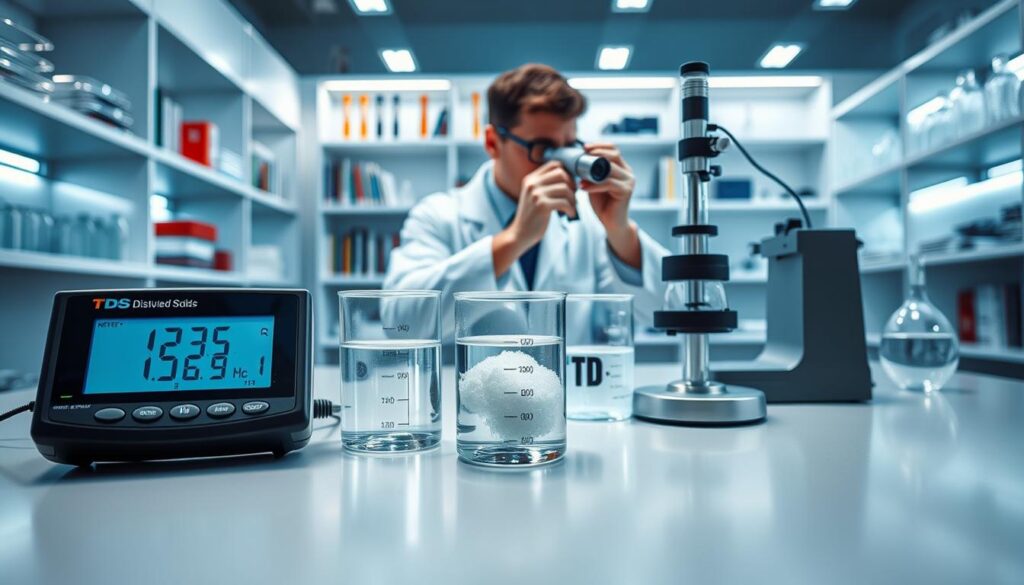A detailed illustration of various methods for measuring Total Dissolved Solids (TDS) in a laboratory setting, focusing on an arrangement of equipment on a clean, modern lab table. In the foreground, a digital TDS meter displays readings, with a beaker containing clear water and dissolved solids beside it. In the middle ground, a scientist in professional attire uses a refractometer, carefully reading the measurement through an eyepiece. The background features shelves lined with scientific books and glassware, with soft, focused lighting highlighting the equipment. The atmosphere conveys a sense of professionalism and precision, with a serene color palette of blues and whites, underlining the importance of accurate water quality assessment for shrimp keepers. The image is crisp and clear, shot from a slightly overhead angle to provide depth.