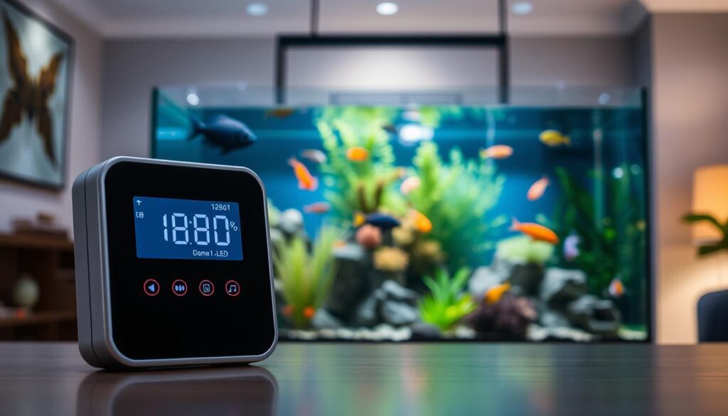 A modern digital aquarium lighting timer displayed prominently in the foreground, showcasing its sleek, touch-sensitive interface with vibrant LED indicators. The timer is set against the backdrop of a beautifully designed aquarium, filled with colorful fish and lush aquatic plants, illuminated by soft, dynamic lighting that simulates a natural underwater environment. In the middle ground, a gentle glow emanates from the timer, casting subtle reflections on the water's surface. The background features a serene room setting with ambient light, enhancing the calm atmosphere. The scene captures a sense of tranquility and innovation, emphasizing the role of technology in creating optimal lighting conditions for aquatic life. The image is taken from a slightly elevated angle, evoking a sense of depth and inviting viewers to explore both the timer and the aquarium.