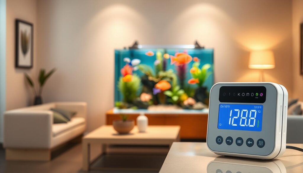 A modern, smart aquarium timer displayed prominently in the foreground, showcasing its sleek, digital interface with clear buttons and vibrant LED lights. The timer is positioned on a stylish countertop next to a beautifully decorated aquarium filled with colorful fish and lush aquatic plants. In the middle ground, the aquarium glows with subtle, blue and warm white lighting, reflecting off the water's surface, creating a serene and calming atmosphere. The background features a softly blurred living room environment with minimalistic furniture and soft ambient lighting, enhancing the cozy vibe. Capture the scene with a warm color palette and a slight depth of field, evoking a sense of tranquility and innovation in aquarium maintenance.