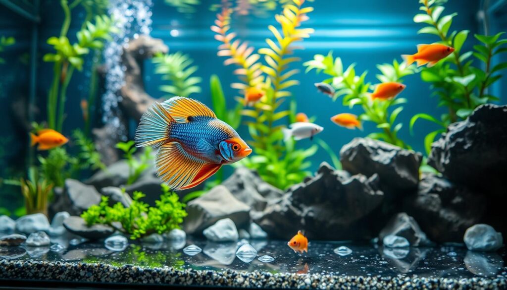 A serene aquascape featuring a beautifully designed aquarium with a variety of vibrant, healthy fish swimming gracefully. In the foreground, a large, colorful centerpiece fish, resembling a Betta or a dwarf angelfish, stands out amidst lush aquatic plants, rocks, and subtle decorations. Surrounding the centerpiece fish, smaller species are also present, demonstrating compatibility. The lighting is soft and natural, creating a calm and inviting atmosphere, with reflections dancing on the water's surface. The background showcases a well-structured aquascape, emphasizing factors like plant growth and fish behavior. Capture the image from a slight angle to add depth, highlighting the tranquility and beauty of selecting the perfect fish for an aquascape. Ensure no text or logos are included in the composition. A serene aquascape featuring a beautifully designed aquarium with a variety of vibrant, healthy fish swimming gracefully. In the foreground, a large, colorful centerpiece fish, resembling a Betta or a dwarf angelfish, stands out amidst lush aquatic plants, rocks, and subtle decorations. Surrounding the centerpiece fish, smaller species are also present, demonstrating compatibility. The lighting is soft and natural, creating a calm and inviting atmosphere, with reflections dancing on the water's surface. The background showcases a well-structured aquascape, emphasizing factors like plant growth and fish behavior. Capture the image from a slight angle to add depth, highlighting the tranquility and beauty of selecting the perfect fish for an aquascape. Ensure no text or logos are included in the composition.