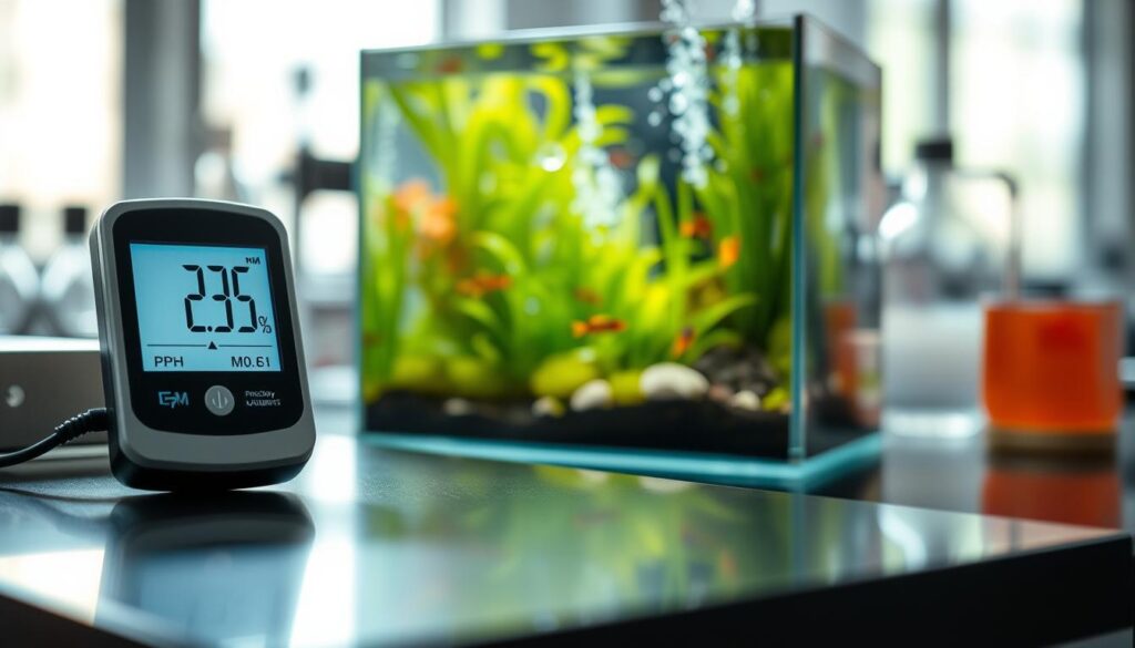 A serene, close-up view of a precisely calibrated pH meter displaying balanced readings amid a nano aquarium. In the foreground, the sleek, modern pH meter is prominently showcased, reflecting soft light that highlights its digital screen. In the middle, the nano tank is filled with vibrant aquatic plants and small, colorful fish, indicating a healthy ecosystem, with subtle bubbles rising to the surface. The background features a blurred laboratory setting with scientific equipment, reinforcing a sense of professionalism and research. The mood is calm and focused, with natural daylight filtering in, casting gentle shadows. Emphasize clarity and detail in textures, such as the shimmering water surface and the fine details of the plants, presenting an informative yet visually appealing composition.