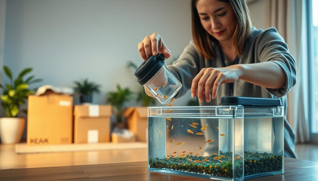 A serene indoor setting where a person dressed in modest casual clothing is carefully preparing to transport nano fish. In the foreground, a clear, well-lit fish tank containing tiny, vibrant nano fish is being gently scooped into a small, secure transport container. The person has a focused expression, demonstrating their care and attention. In the middle ground, a neatly organized moving space with boxes and packing materials emphasizes the preparation theme. Soft, warm lighting illuminates the scene, creating a calm and reassuring atmosphere. In the background, potted plants add a touch of nature, complementing the aquatic theme without overpowering the main subject. The camera angle captures this intimate moment, highlighting both the fish and the diligent care in preparation. A serene indoor setting where a person dressed in modest casual clothing is carefully preparing to transport nano fish. In the foreground, a clear, well-lit fish tank containing tiny, vibrant nano fish is being gently scooped into a small, secure transport container. The person has a focused expression, demonstrating their care and attention. In the middle ground, a neatly organized moving space with boxes and packing materials emphasizes the preparation theme. Soft, warm lighting illuminates the scene, creating a calm and reassuring atmosphere. In the background, potted plants add a touch of nature, complementing the aquatic theme without overpowering the main subject. The camera angle captures this intimate moment, highlighting both the fish and the diligent care in preparation.