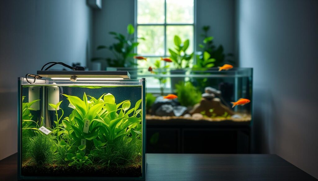A serene nano tank set in a dimly lit room, showcasing a beautifully arranged quarantine area for new aquatic plants. In the foreground, a small glass tank is filled with vibrant green aquatic plants, illuminated by soft, warm LED lights that enhance their color. Tiny white tags are attached to each plant to indicate quarantine status. In the middle ground, a clear divider separates the quarantine area from a healthy, established tank, where lively fish swim around playful rocks and plants. In the background, a window casts diffused light, hinting at a lush outdoor garden. The atmosphere is calm and focused, conveying the importance of careful monitoring and pest prevention. Capture this scene with a shallow depth of field to emphasize the nano tank and its contents while lightly blurring the background.