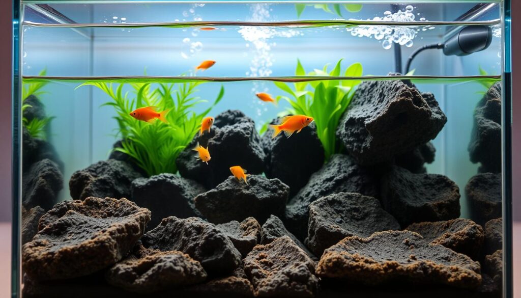 A serene nano tank with a clear glass structure, showcasing vibrant aquatic life among lush green plants. In the foreground, intricately shaped and textural lava rocks are strategically placed, providing natural filtration and stability, with a soft glow highlighting their porous surfaces. The middle layer features colorful fish gracefully swimming around the lava rocks, creating an active and dynamic scene. In the background, soft lighting casts a calm ambiance, with bubbles rising gently and a faint blue hue illuminating the water. The overall atmosphere is peaceful and lively, showcasing the essential role of lava rocks in enhancing the nano tank's ecosystem. The image captures the essence of nature's beauty and functionality.