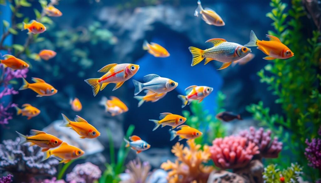 A serene underwater scene showcasing a variety of nano fish species displaying bright colors and intricate patterns, swimming among lush aquatic plants and vibrant corals. In the foreground, a school of tiny, delicate fish, like the neon tetra and guppy, exhibit signs of minor ailments through subtle postures, emphasizing their vulnerabilities. The middle ground features a soft focus on a hidden cave and gentle flow of water, enhancing the sense of depth. The background gradually fades into a soft blue light, symbolizing a calming underwater environment. Illuminate the scene with gentle, diffused lighting that highlights the textures of the fish and plants, creating a tranquil, educational atmosphere, perfect for illustrating the nuances of fish health and the impacts of ailments in nano aquariums.