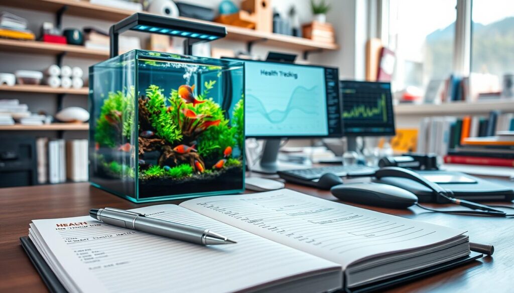 A sleek, modern nano aquarium is the focal point, filled with vibrant aquatic life, including colorful fish and lush greenery. In the foreground, a near-transparent health tracking journal lies open, its pages filled with neatly written notes and data about water parameters and fish behavior. A stylish pen rests beside it. The middle ground showcases a computer desk cluttered with measuring tools, a water testing kit, and a digital monitor displaying graphs of tank health metrics. Bright, natural light streams in through a window, creating a calm and productive atmosphere. The background features shelves with various aquatic supplies and books on fish care, suggesting an organized, knowledgeable environment. The overall mood is one of clarity, diligence, and a commitment to maintaining a healthy nano tank. A sleek, modern nano aquarium is the focal point, filled with vibrant aquatic life, including colorful fish and lush greenery. In the foreground, a near-transparent health tracking journal lies open, its pages filled with neatly written notes and data about water parameters and fish behavior. A stylish pen rests beside it. The middle ground showcases a computer desk cluttered with measuring tools, a water testing kit, and a digital monitor displaying graphs of tank health metrics. Bright, natural light streams in through a window, creating a calm and productive atmosphere. The background features shelves with various aquatic supplies and books on fish care, suggesting an organized, knowledgeable environment. The overall mood is one of clarity, diligence, and a commitment to maintaining a healthy nano tank.