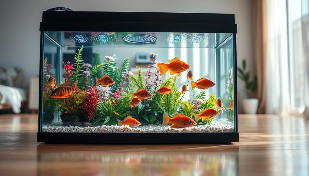 A small, modern nano aquarium filled with vibrant aquatic plants and colorful fish, all visibly affected by heat. The foreground shows the shimmering surface of the water, with a slight ripple indicating warmth. In the middle ground, the fish swim actively, with some appearing slightly stressed, showing behavioral changes due to high temperatures. Around the tank, a sleek cooling device with subtle blue LED lights is integrated, emphasizing its role in maintaining a stable environment. The background features a bright, sunlit room with airy curtains, enhancing the summery atmosphere. Soft, natural lighting casts gentle reflections on the water's surface, creating a peaceful yet slightly tense mood that reflects the importance of keeping a tank cool in summer. Use a wide-angle lens effect to capture the entire scene. A small, modern nano aquarium filled with vibrant aquatic plants and colorful fish, all visibly affected by heat. The foreground shows the shimmering surface of the water, with a slight ripple indicating warmth. In the middle ground, the fish swim actively, with some appearing slightly stressed, showing behavioral changes due to high temperatures. Around the tank, a sleek cooling device with subtle blue LED lights is integrated, emphasizing its role in maintaining a stable environment. The background features a bright, sunlit room with airy curtains, enhancing the summery atmosphere. Soft, natural lighting casts gentle reflections on the water's surface, creating a peaceful yet slightly tense mood that reflects the importance of keeping a tank cool in summer. Use a wide-angle lens effect to capture the entire scene.