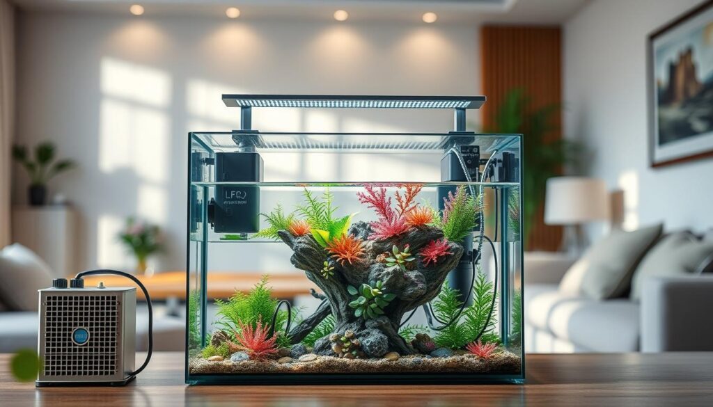 A sophisticated nano tank, elegantly designed with transparent glass and intricate filtration systems, is the focal point in a modern living space. In the foreground, vibrant aquatic plants and small marine life populate the tank, while a sleek cooling device discreetly stabilizes the water temperature. The middle ground features soft, indirect natural lighting that highlights the delicate textures of the plants and the shimmering water. In the background, a serene environment is created with light-colored walls and tasteful decor, enhancing the feel of a peaceful oasis. The overall atmosphere is tranquil and refreshing, evoking a sense of coolness during hot summer months. The composition is captured from a slightly elevated angle to showcase both the tank's interior and the ambient setting, reinforcing the importance of maintaining optimal tank temperatures. A sophisticated nano tank, elegantly designed with transparent glass and intricate filtration systems, is the focal point in a modern living space. In the foreground, vibrant aquatic plants and small marine life populate the tank, while a sleek cooling device discreetly stabilizes the water temperature. The middle ground features soft, indirect natural lighting that highlights the delicate textures of the plants and the shimmering water. In the background, a serene environment is created with light-colored walls and tasteful decor, enhancing the feel of a peaceful oasis. The overall atmosphere is tranquil and refreshing, evoking a sense of coolness during hot summer months. The composition is captured from a slightly elevated angle to showcase both the tank's interior and the ambient setting, reinforcing the importance of maintaining optimal tank temperatures.