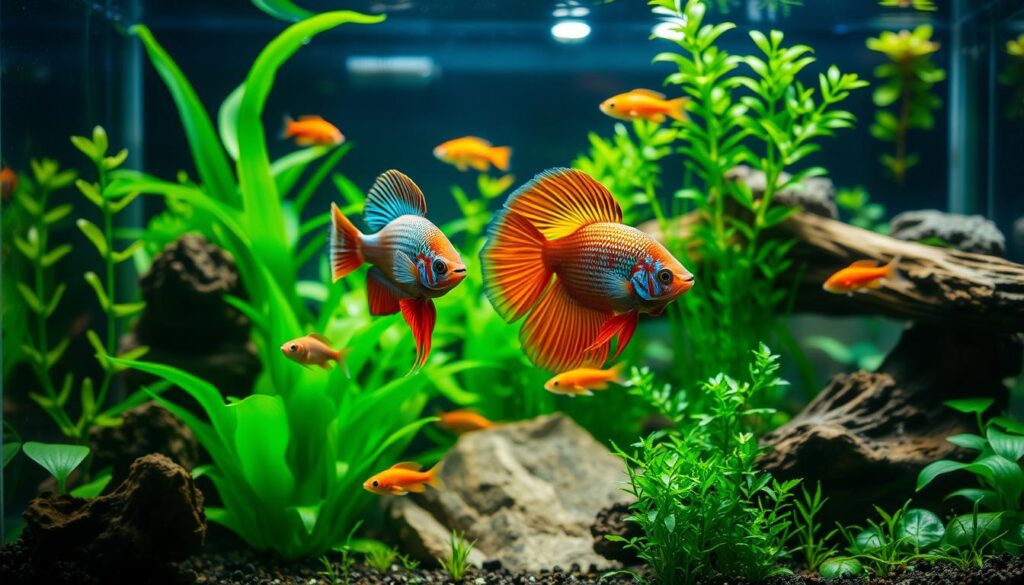 A vibrant aquarium scene featuring a stunning centerpiece fish, such as a majestic Betta or an elegant Discus, gracefully swimming amidst lush aquatic plants. In the foreground, the centerpiece fish is showcased with its vivid colors and intricate fin patterns, illuminated by soft, natural lighting that enhances its features. The middle ground includes various compatible smaller fish peacefully cohabiting, emphasizing the importance of choosing compatible species. The background reveals a well-designed aquascape with rocks, driftwood, and a variety of green plants, creating a harmonious underwater habitat. The overall mood is serene and inviting, showcasing the beauty of a balanced nano aquascape, captured from a slight angle to highlight the depth and details of the environment. A vibrant aquarium scene featuring a stunning centerpiece fish, such as a majestic Betta or an elegant Discus, gracefully swimming amidst lush aquatic plants. In the foreground, the centerpiece fish is showcased with its vivid colors and intricate fin patterns, illuminated by soft, natural lighting that enhances its features. The middle ground includes various compatible smaller fish peacefully cohabiting, emphasizing the importance of choosing compatible species. The background reveals a well-designed aquascape with rocks, driftwood, and a variety of green plants, creating a harmonious underwater habitat. The overall mood is serene and inviting, showcasing the beauty of a balanced nano aquascape, captured from a slight angle to highlight the depth and details of the environment.