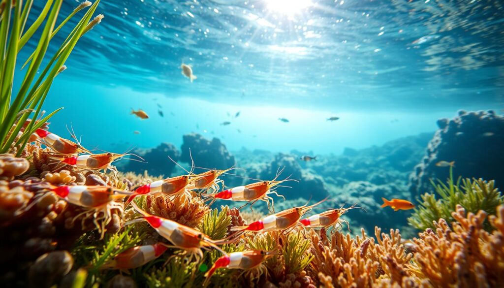 A vibrant aquatic scene showcasing shrimp in their natural habitat, emphasizing their ecological role in marine ecosystems. In the foreground, a group of colorful shrimp, intricately detailed with translucent bodies and elongated antennae, forage among coral and seagrass. The middle layer features various small fish and other invertebrates interacting with the shrimp, illustrating a harmonious food web. In the background, a sun-dappled underwater landscape filled with diverse corals and soft light filtering through the water creates a serene atmosphere. The composition should be captured from a slightly elevated angle, using soft lighting to highlight the shrimp's delicate features and vibrant colors, evoking a sense of tranquility and highlighting the importance of these creatures in aquatic environments. A vibrant aquatic scene showcasing shrimp in their natural habitat, emphasizing their ecological role in marine ecosystems. In the foreground, a group of colorful shrimp, intricately detailed with translucent bodies and elongated antennae, forage among coral and seagrass. The middle layer features various small fish and other invertebrates interacting with the shrimp, illustrating a harmonious food web. In the background, a sun-dappled underwater landscape filled with diverse corals and soft light filtering through the water creates a serene atmosphere. The composition should be captured from a slightly elevated angle, using soft lighting to highlight the shrimp's delicate features and vibrant colors, evoking a sense of tranquility and highlighting the importance of these creatures in aquatic environments.