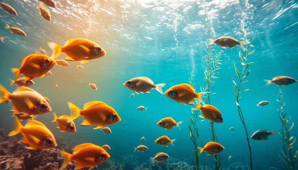 A vibrant underwater scene depicting the impact of temperature on fish metabolism. In the foreground, various fish species are shown swimming energetically in warmer waters, showcasing active gills and bright colors. In the middle, a gradual gradient of water temperature is illustrated with subtle changes in lighting, transitioning from warm hues of orange and yellow to cooler blues and greens. The background features aquatic plants swaying gently, reflecting the metabolic effects of temperature changes. Soft, dappled sunlight filters through the water surface, creating a serene yet dynamic atmosphere. The overall mood is lively and educational, emphasizing the importance of temperature on fish health. The image is shot with a wide-angle lens to capture the depth and beauty of the underwater environment, ensuring clarity and vividness in all details.