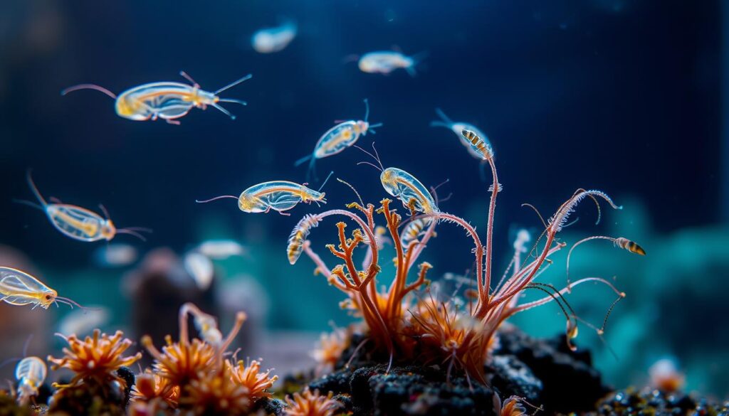 A vibrant underwater scene showcasing nano tank organisms, specifically copepods and detritus worms. In the foreground, gracefully swimming copepods with translucent bodies, tiny appendages, and delicate antennae. Surrounding them, slender detritus worms weaving through the substrate, their segmented bodies glistening under the light. In the middle ground, clusters of biofilm and tiny plant structures add life to the habitat, while a soft glowing light filters from above, creating a serene environment. The background features blurred outlines of a rich aqua-colored tank, enhancing the focus on the microfauna. The atmosphere conveys a sense of discovery and the hidden beauty of miniature ecosystems, captured with a macro lens to emphasize intricate details, while a gentle light bathes the scene to evoke tranquility. A vibrant underwater scene showcasing nano tank organisms, specifically copepods and detritus worms. In the foreground, gracefully swimming copepods with translucent bodies, tiny appendages, and delicate antennae. Surrounding them, slender detritus worms weaving through the substrate, their segmented bodies glistening under the light. In the middle ground, clusters of biofilm and tiny plant structures add life to the habitat, while a soft glowing light filters from above, creating a serene environment. The background features blurred outlines of a rich aqua-colored tank, enhancing the focus on the microfauna. The atmosphere conveys a sense of discovery and the hidden beauty of miniature ecosystems, captured with a macro lens to emphasize intricate details, while a gentle light bathes the scene to evoke tranquility.