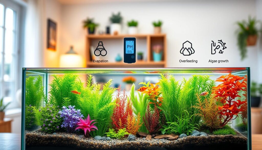 A visually engaging illustration depicting the common causes of pH fluctuations in aquariums. In the foreground, showcase a vibrant nano tank filled with colorful aquatic plants and small fish, emphasizing the balance in a thriving ecosystem. The middle layer features elements such as water chemistry equipment, such as a pH meter, and icons representing common causes like evaporation, overfeeding, and algae growth. In the background, illustrate a blurred out environment of a cozy home aquarium setup with natural light streaming in, creating a warm atmosphere. The lighting should be soft and inviting, mimicking the tranquil feel of a well-maintained tank. The angle should be slightly above eye level to capture the depth of the tank while remaining clear and focused on the specific elements.