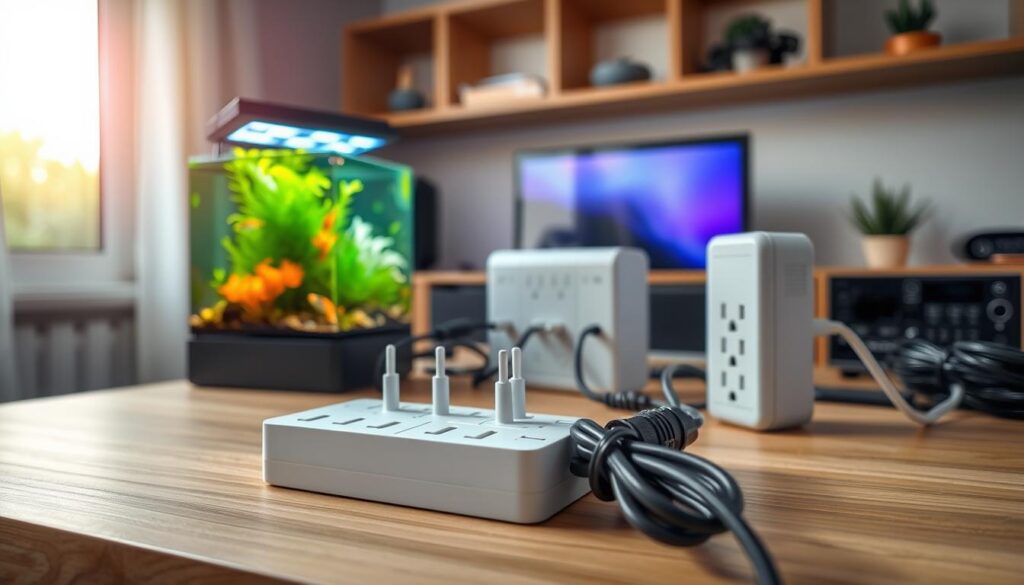 A well-organized workstation featuring essential equipment for powering a nano tank, set against a clean and modern backdrop. In the foreground, showcase a compact nano tank with vibrant aquatic plants and small fish, illuminated by soft LED lighting. In the middle, place neatly arranged power strips with surge protectors, clearly designed for safe use near water sources. Include cords discreetly tied with cable management clips to emphasize organization. The background should depict a serene home environment, with light streaming in from a nearby window, creating a warm and inviting atmosphere. Use a macro lens effect to focus on the details of the equipment while slightly blurring the background, enhancing the equipment's importance. Ensure a professional ambiance, reflecting careful management of cables and safety near water sources.